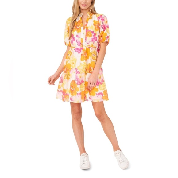 CeCe Dresses & Skirts - CeCe Tiered‎ Split Ruffle Collar V Neck Baby Doll Floral Dress SZ M Pink Yellow